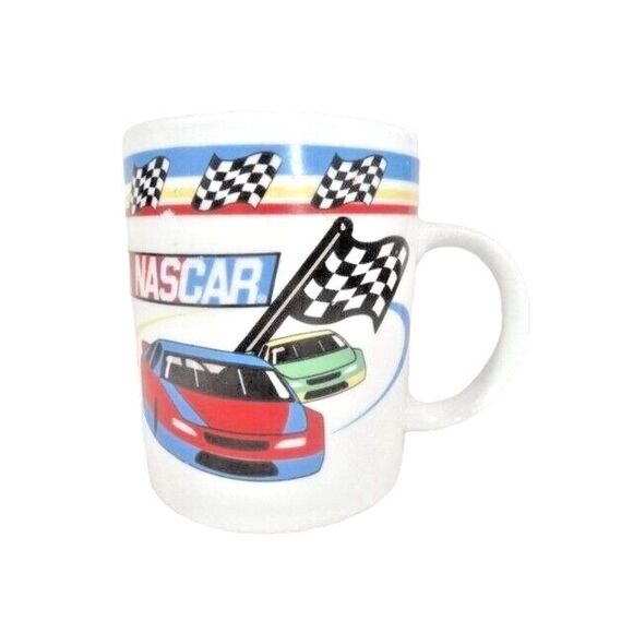 Gibson 2002 Nascar Coffee Cup Mug Ceramic Red Blue Green Cars Checkered Flag - Picture 1 of 5